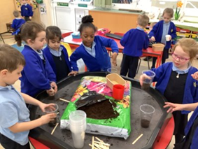 image of children planting beans in compost