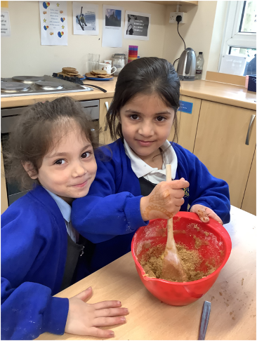 Children mixing cake mix in bowl